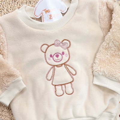 Conj. Casaco Ursinha de Pelinho e Calça Legging Confetes - Creme
